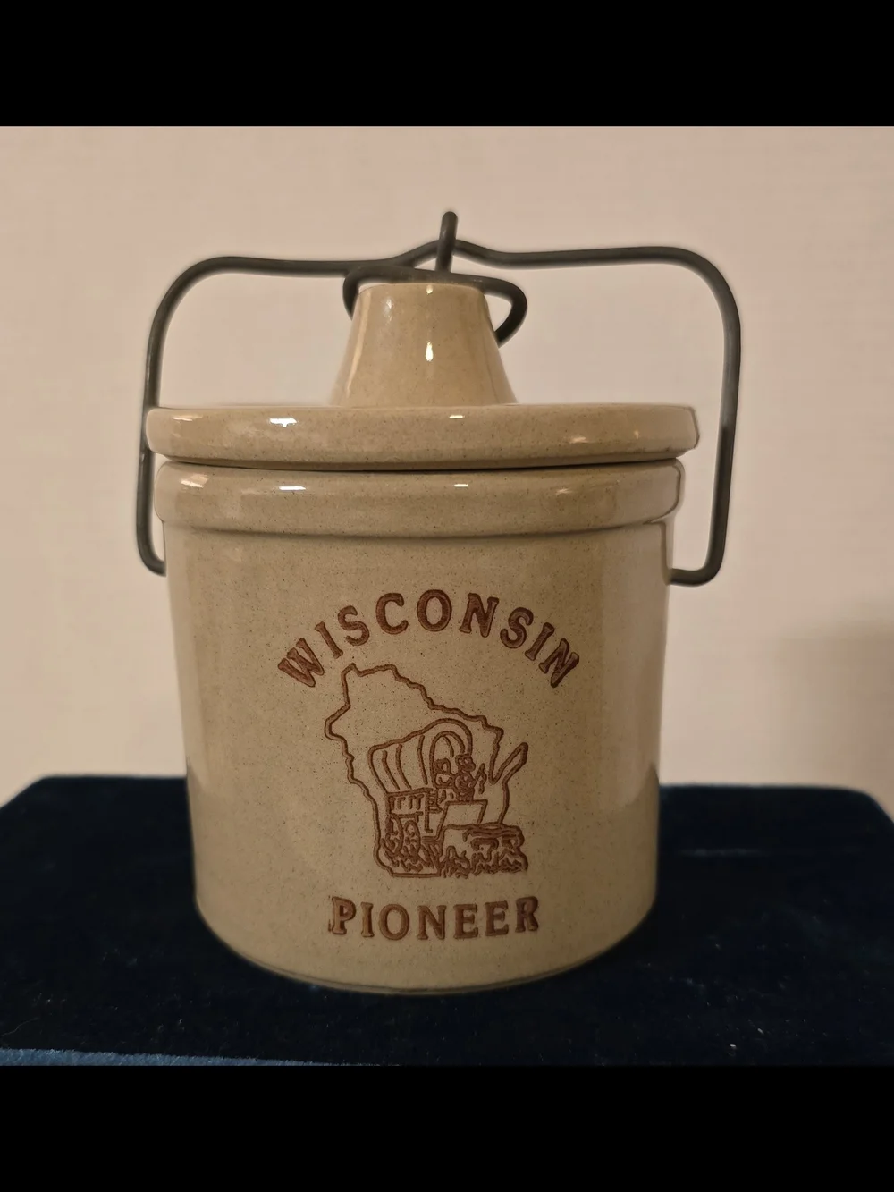 Vintage Wisconsin Pioneer Stoneware Cheese Crock with Lid & Wire Bail